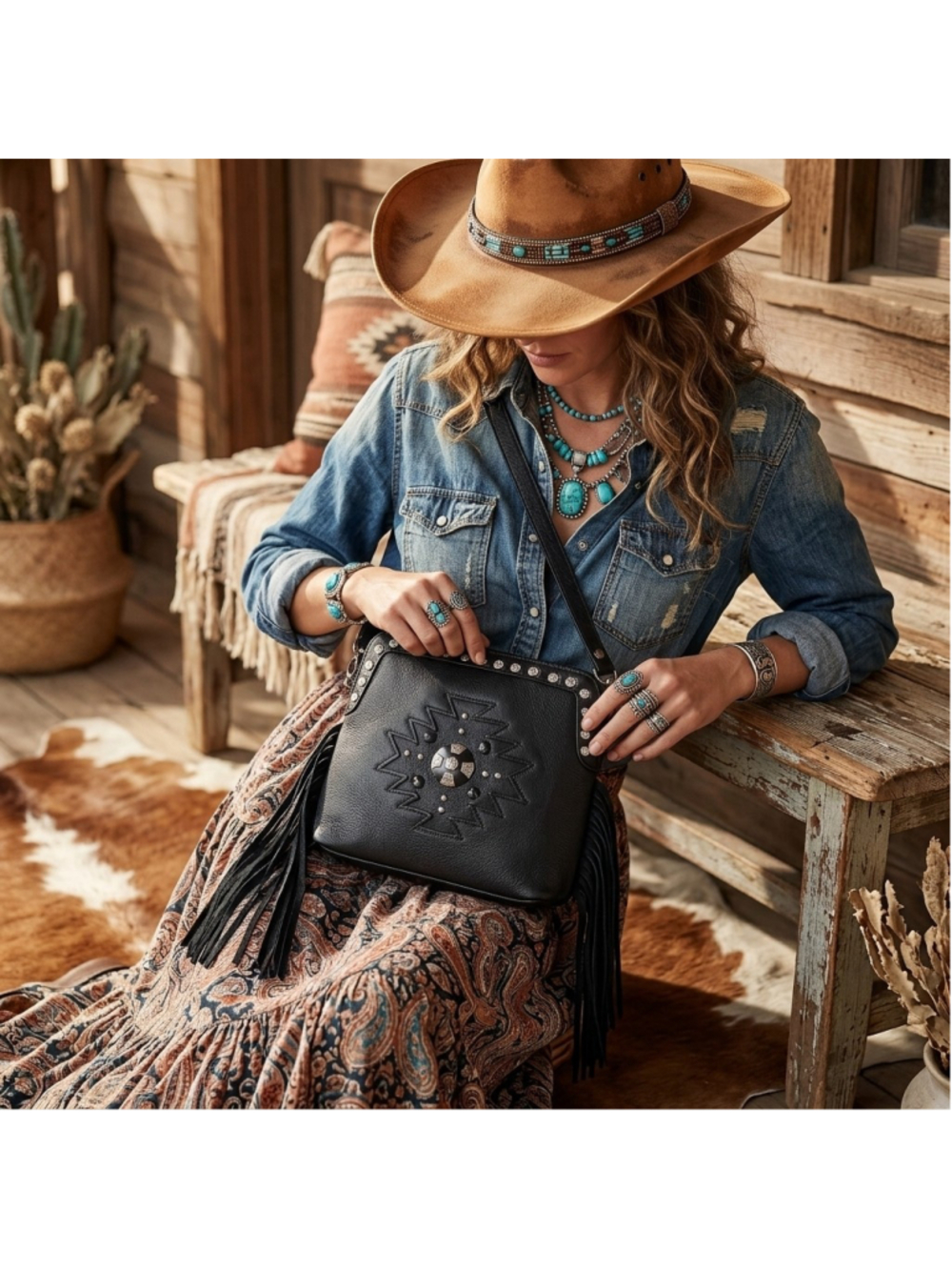 American Darling Boho Rivet Fringe Black Leather Crossbody Bag